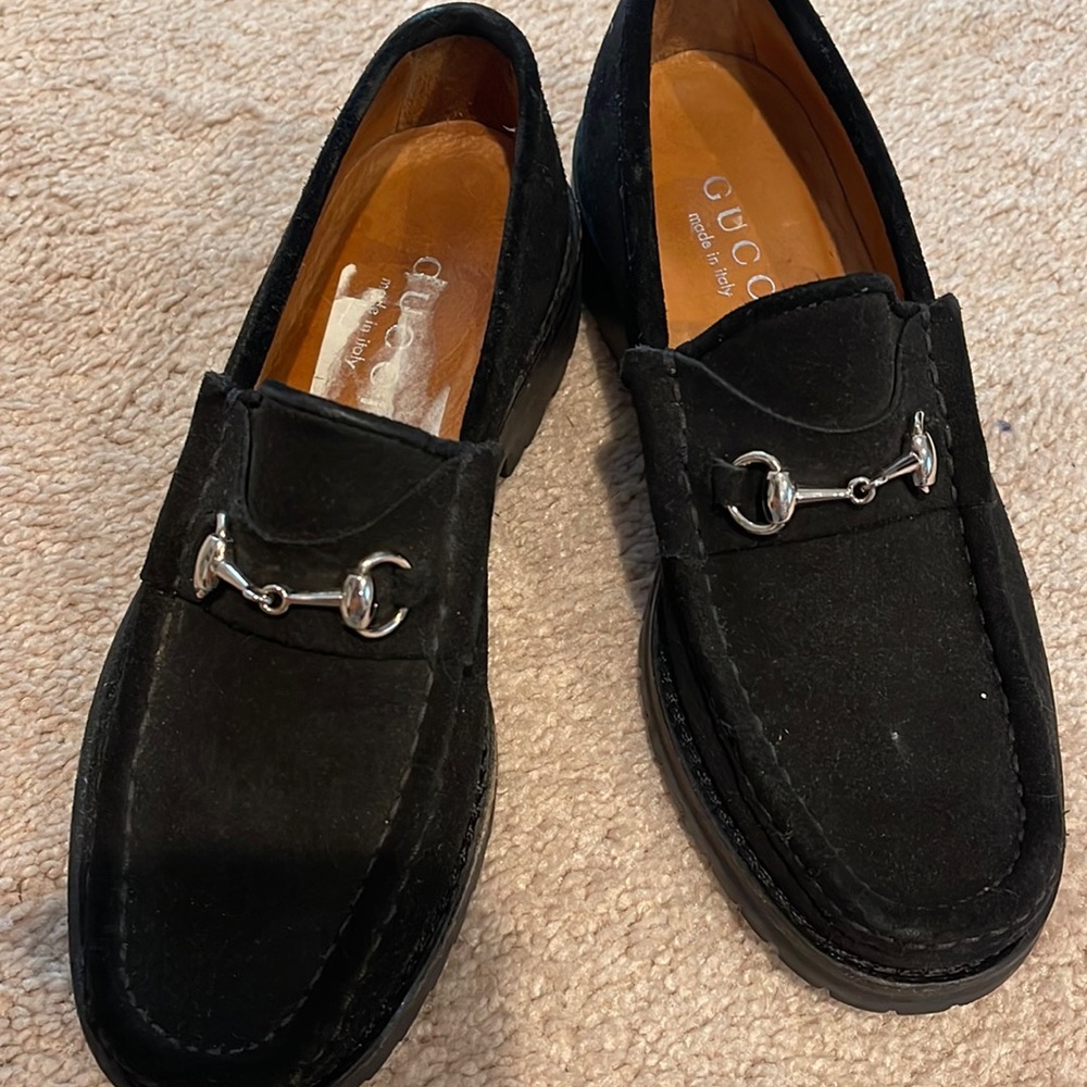 Gucci Black suede lug sole loafers